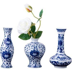 Set of 3 Small Blue &White Porcelain Vases, Fambe Glaze Porcelain Vases Set of 3